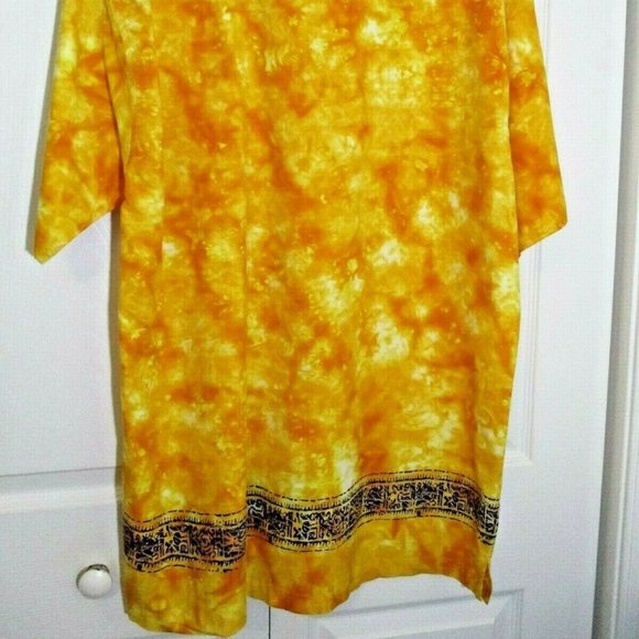 Mens Tie Dye Batik Hawaiian Shirt sz XL Bright Yellow w Blue Petroglyphs - Picture 4 of 9